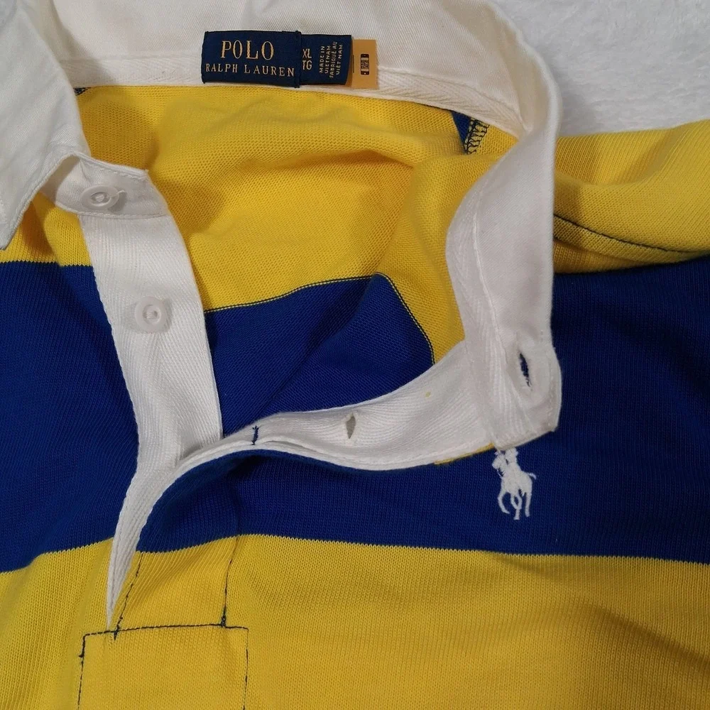 Polo Ralph Lauren Men's Long Sleeve Rugby Shirt Yellow Blue Striped Size XL